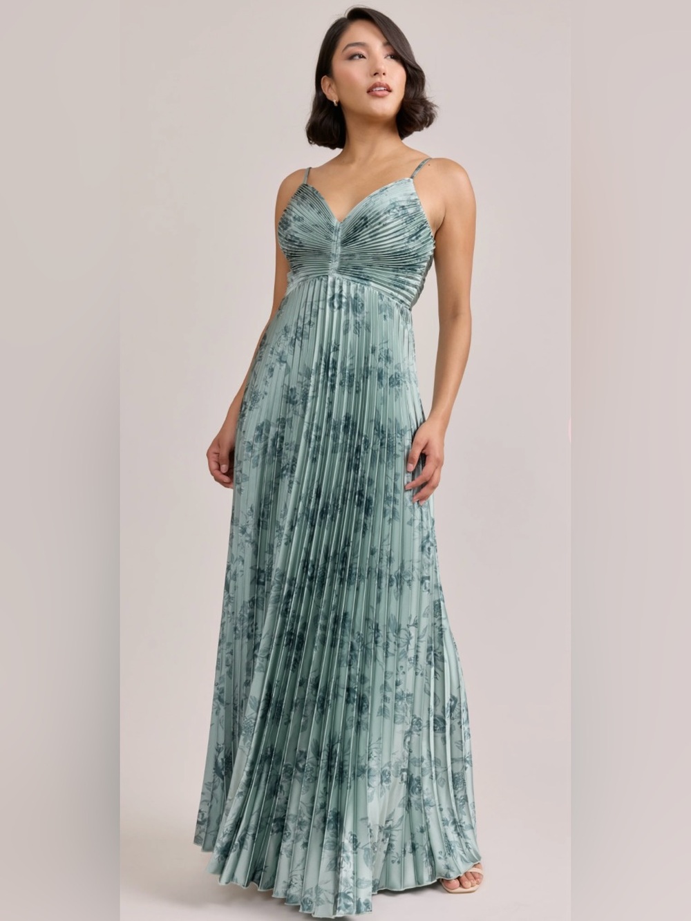 Revelry Vivian Satin Pleated Sage Floral Print Dress